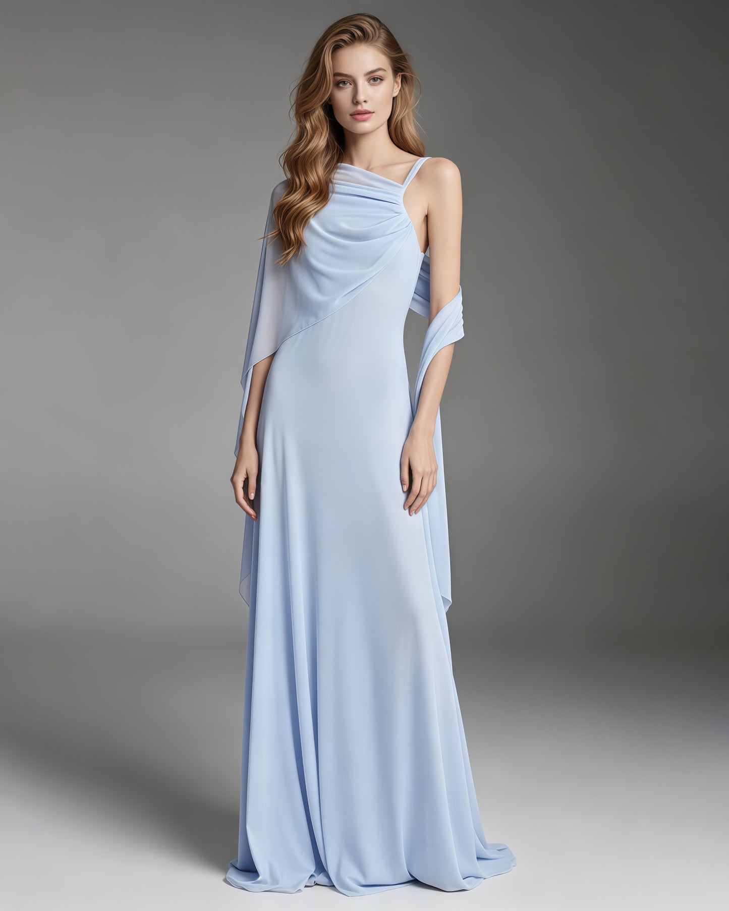 Babyblue One Shoulder Draped Mesh Floor Maxi Dress
