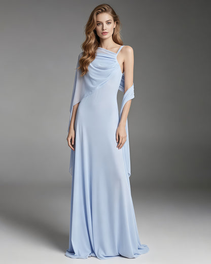 Babyblue One Shoulder Draped Mesh Floor Maxi Dress