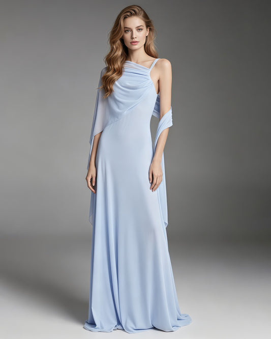 Babyblue One Shoulder Draped Mesh Floor Maxi Dress