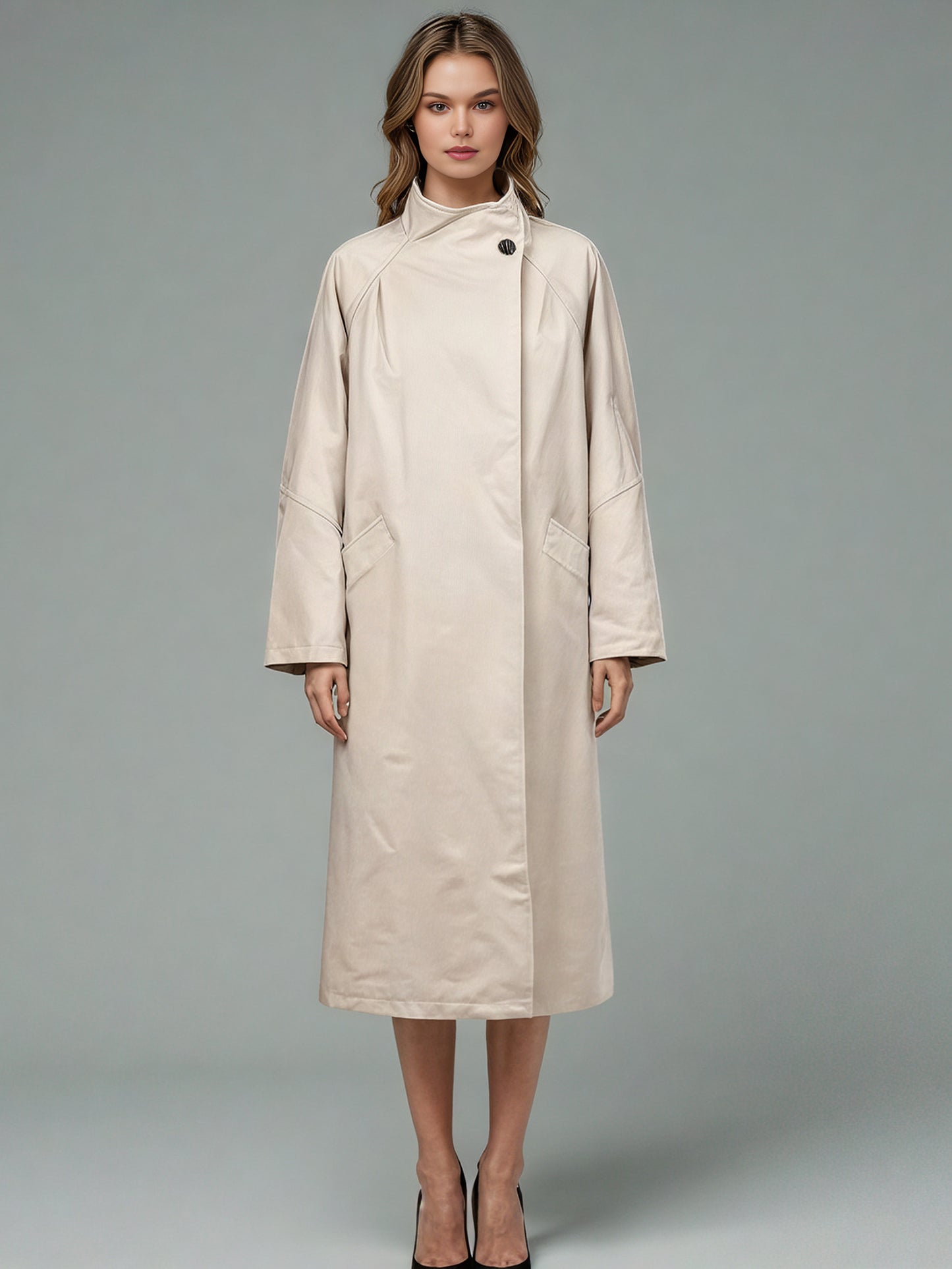 Beige Asymmetric Long Coat with Stand Collar