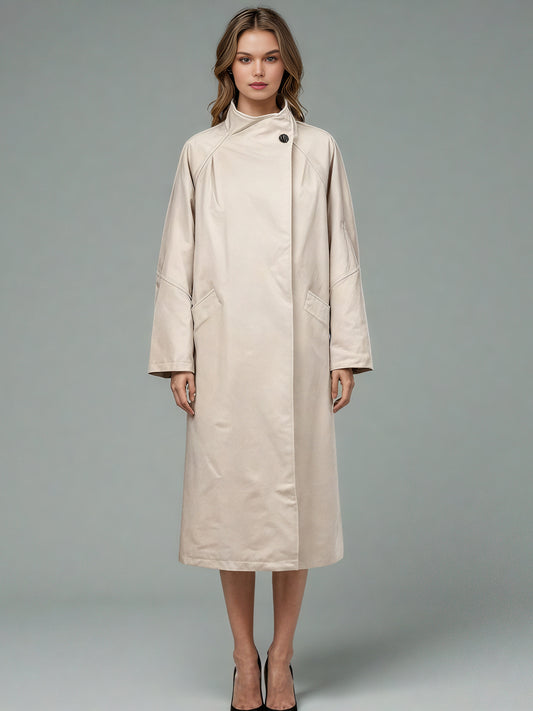 Beige Asymmetric Long Coat with Stand Collar