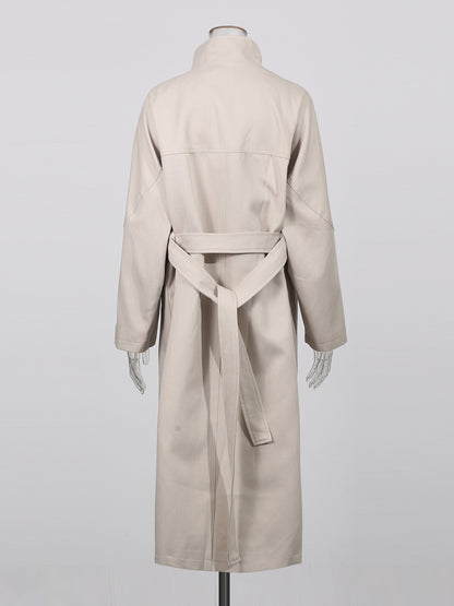 Beige Asymmetric Long Coat with Stand Collar