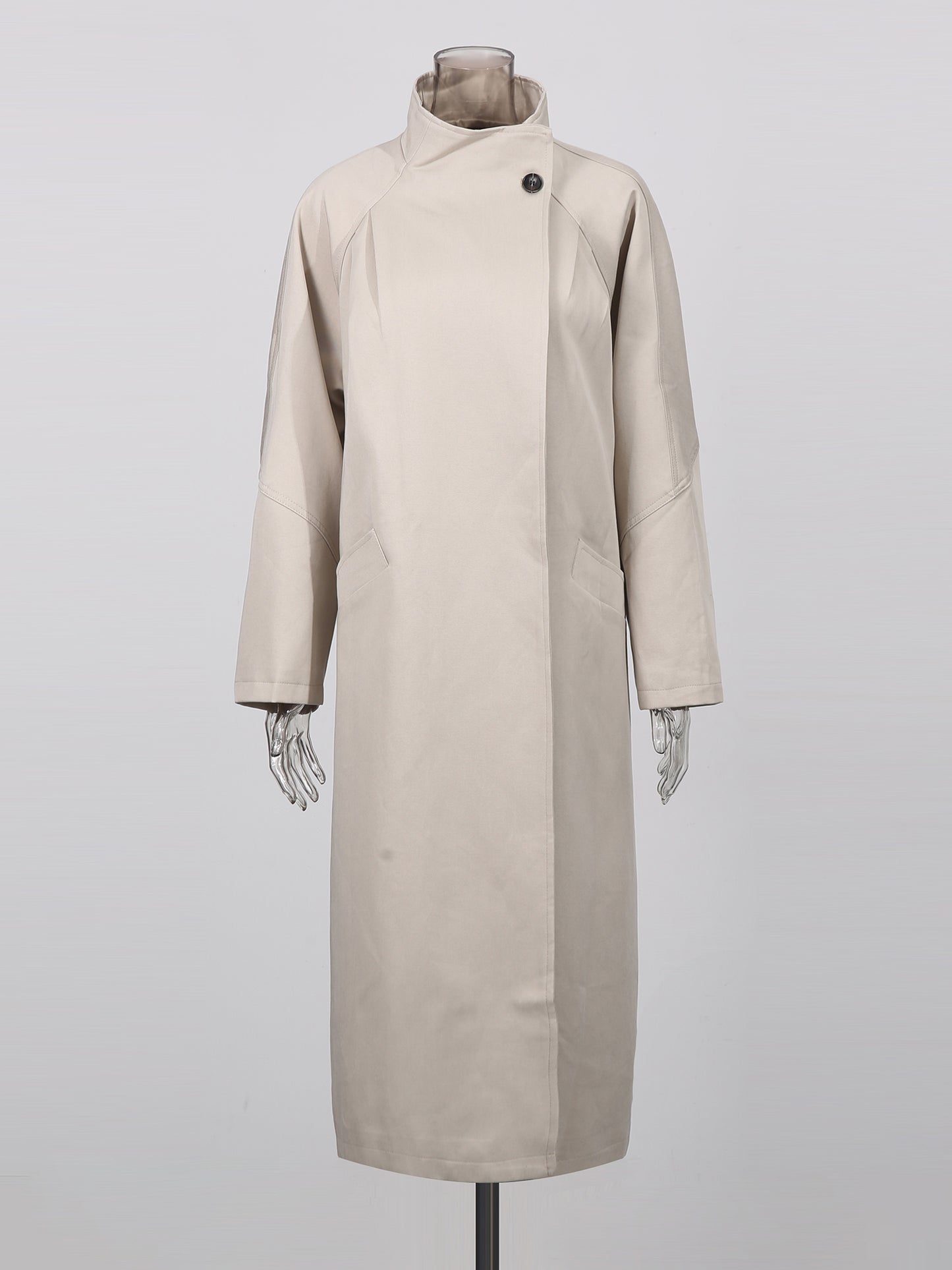 Beige Asymmetric Long Coat with Stand Collar