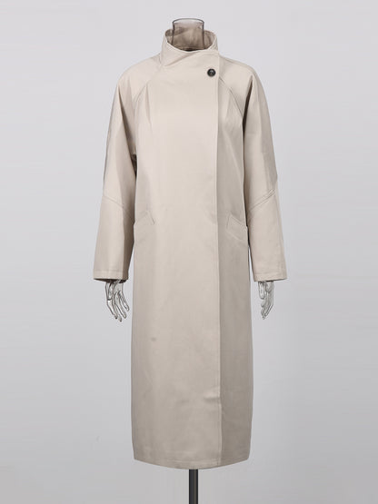 Beige Asymmetric Long Coat with Stand Collar