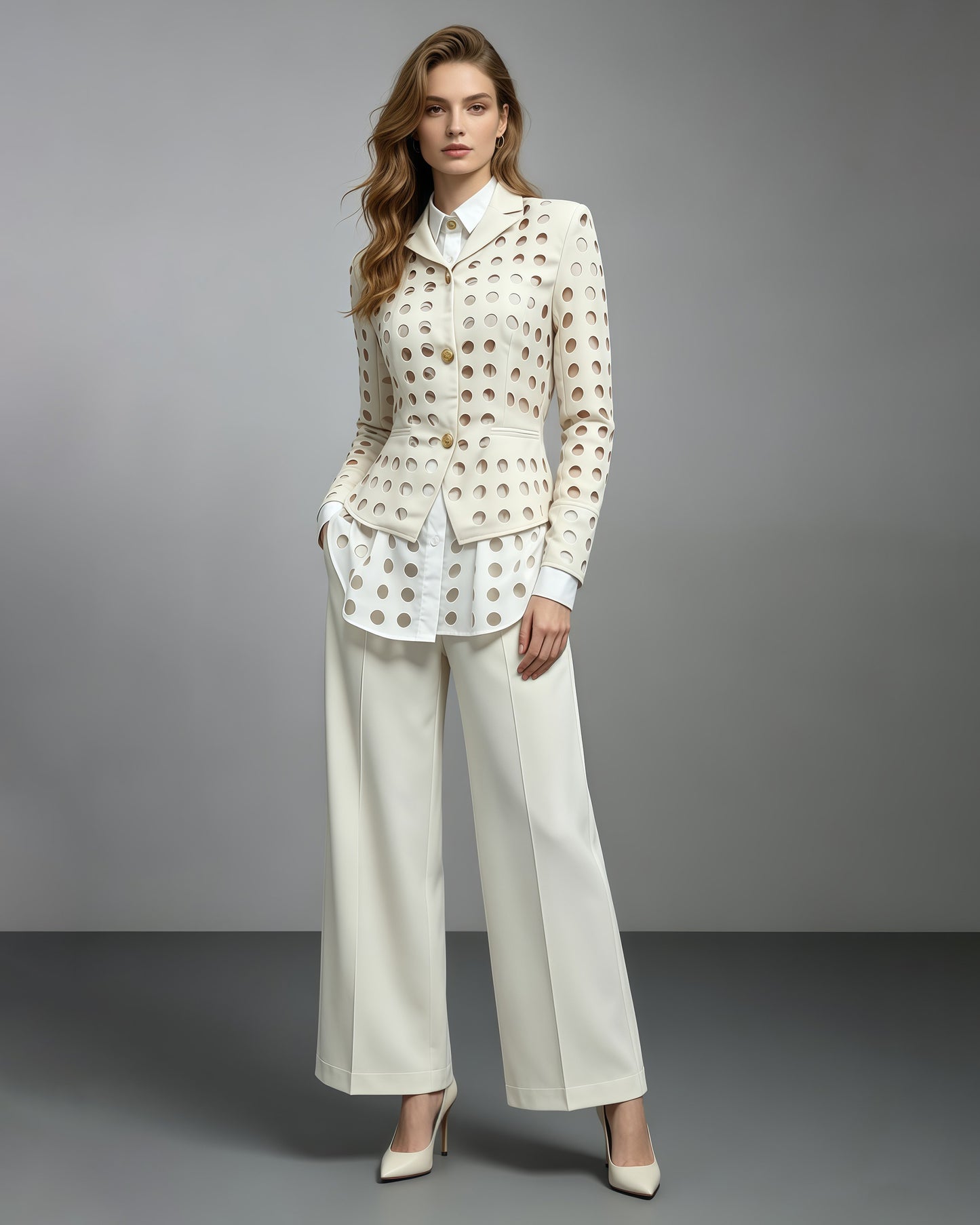 Khaki Hollow Out Circle Cut Blazer Fitted Waist Jacket