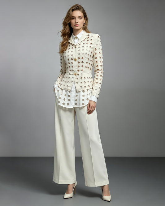Khaki Hollow Out Circle Cut Blazer Fitted Waist Jacket