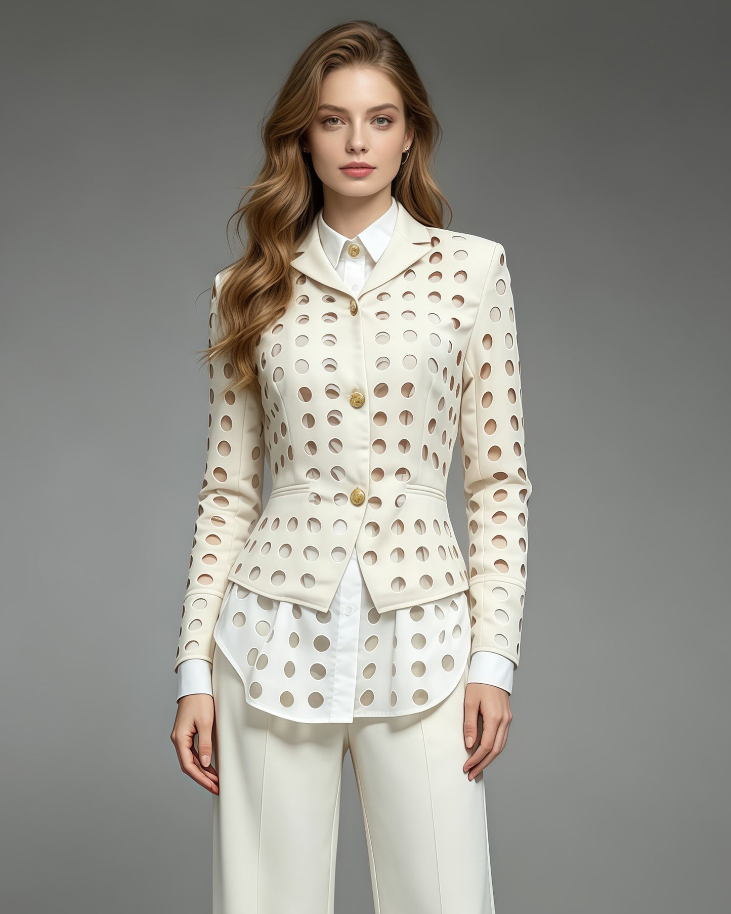Khaki Hollow Out Circle Cut Blazer Fitted Waist Jacket