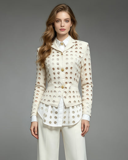 Khaki Hollow Out Circle Cut Blazer Fitted Waist Jacket
