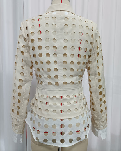 Khaki Hollow Out Circle Cut Blazer Fitted Waist Jacket