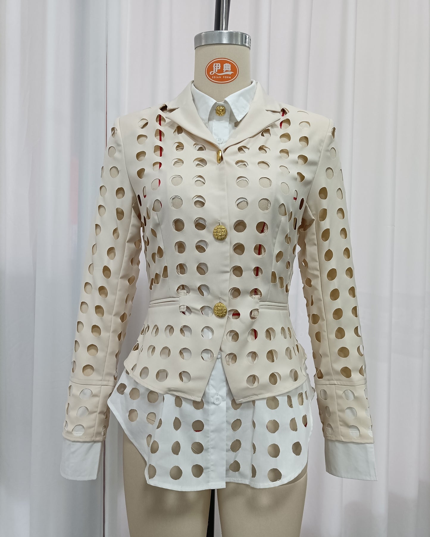 Khaki Hollow Out Circle Cut Blazer Fitted Waist Jacket