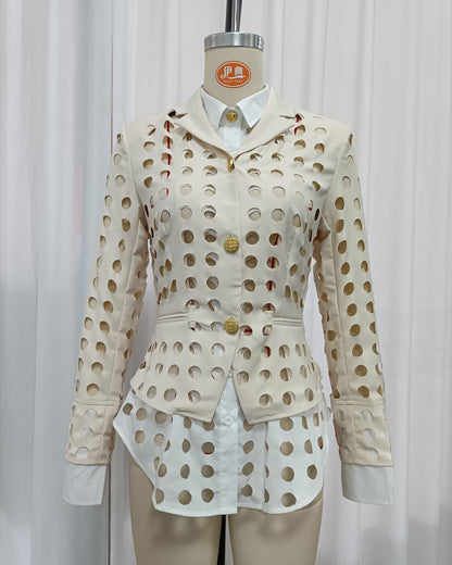Khaki Hollow Out Circle Cut Blazer Fitted Waist Jacket