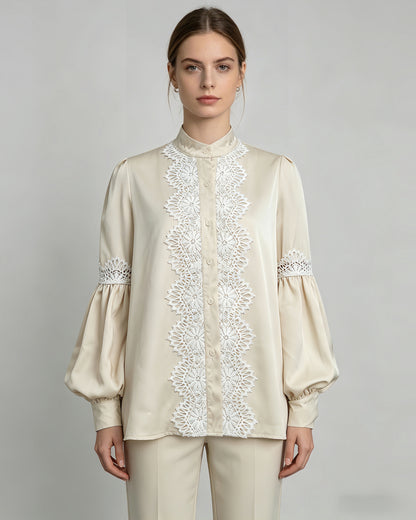Apricot Lace-Trimmed Satin Blouse