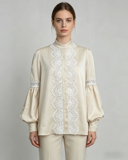 Apricot Lace-Trimmed Satin Blouse