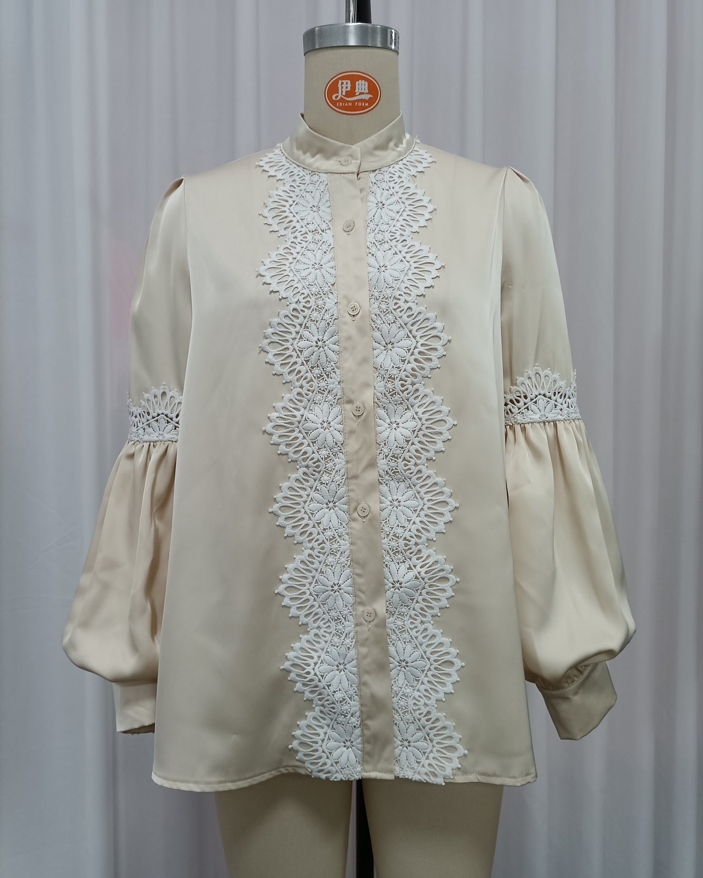 Apricot Lace-Trimmed Satin Blouse