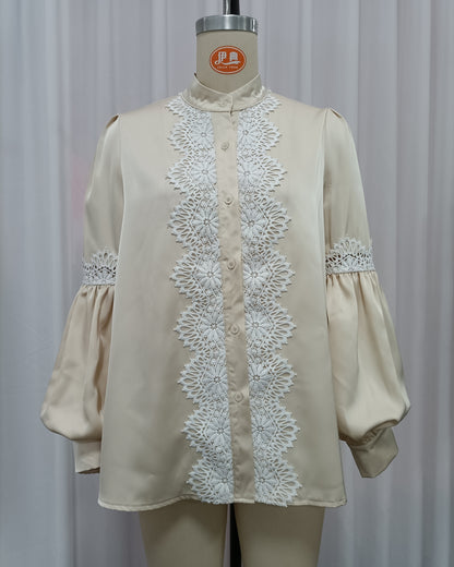 Apricot Lace-Trimmed Satin Blouse