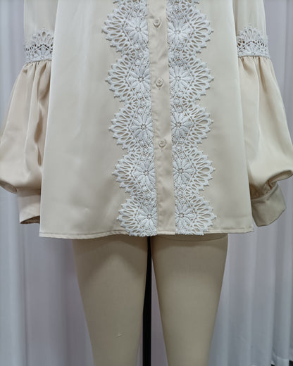 Apricot Lace-Trimmed Satin Blouse