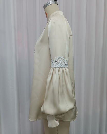 Apricot Lace-Trimmed Satin Blouse