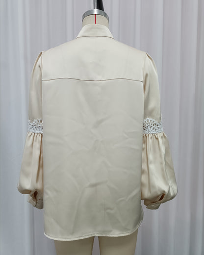 Apricot Lace-Trimmed Satin Blouse