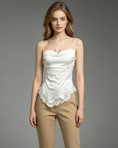 Beige Lace Cowl Neck Spaghetti Strap Cami Top