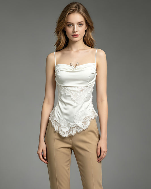 Beige Lace Cowl Neck Spaghetti Strap Cami Top