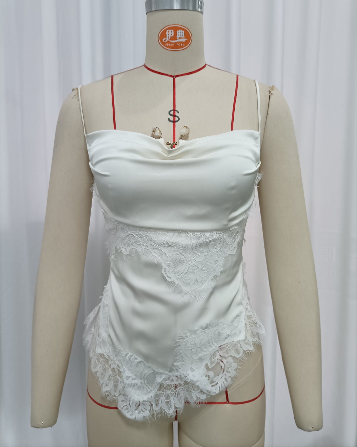 Beige Lace Cowl Neck Spaghetti Strap Cami Top