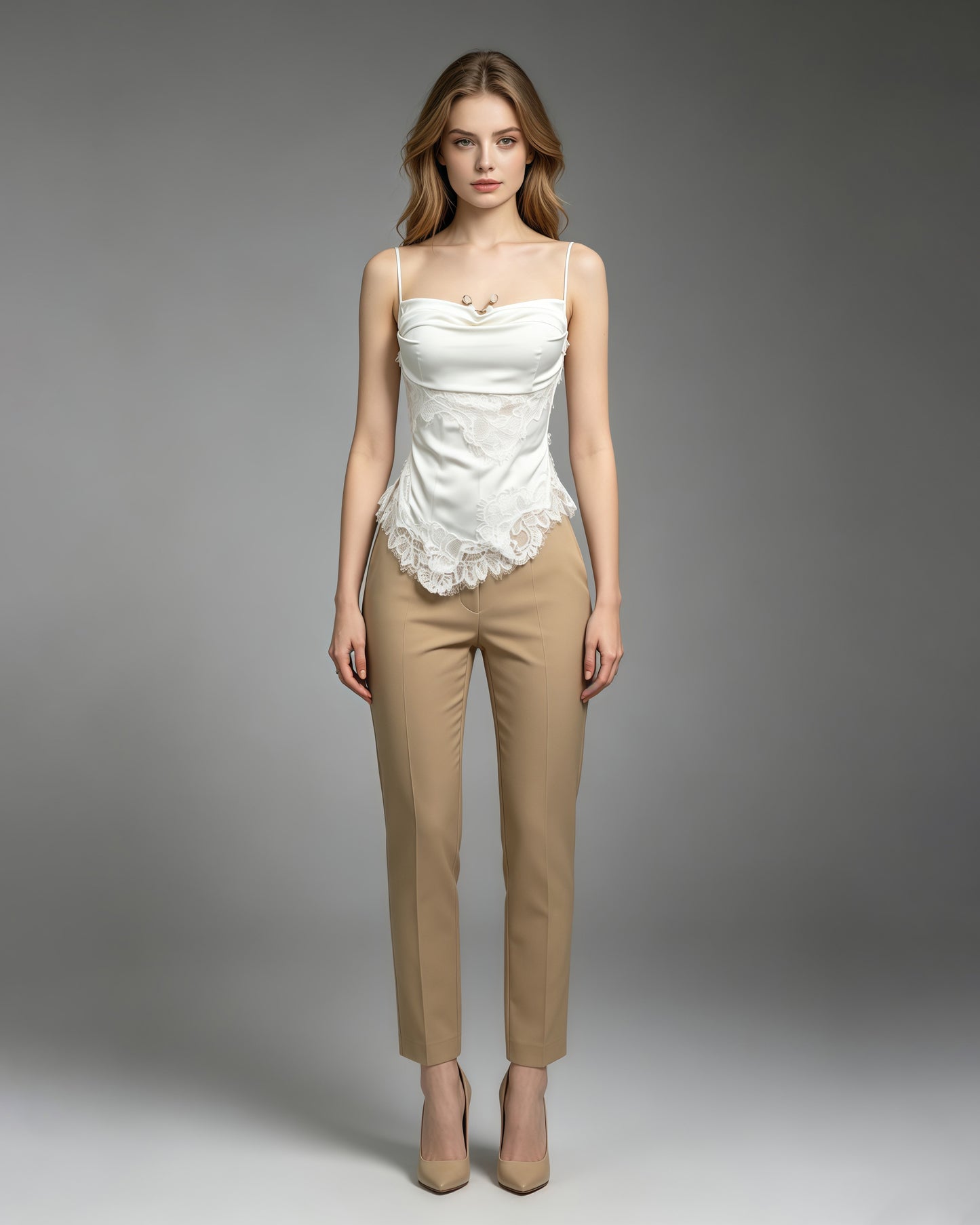 Beige Lace Cowl Neck Spaghetti Strap Cami Top