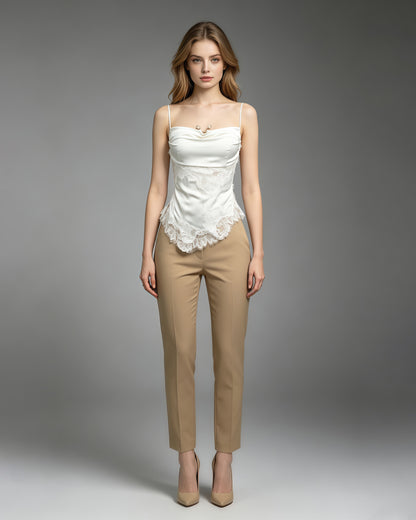Beige Lace Cowl Neck Spaghetti Strap Cami Top