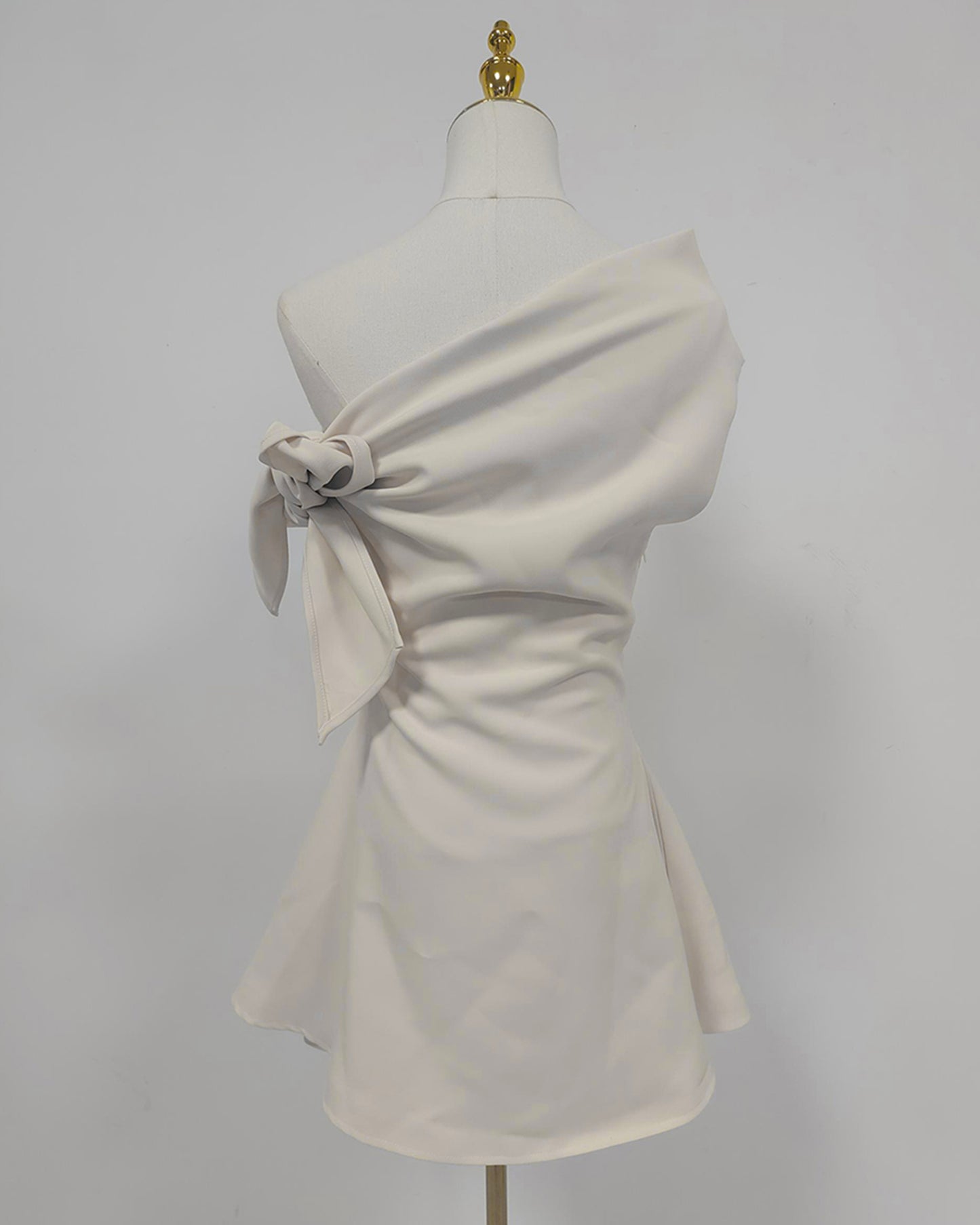 Beige Off-Shoulder Bow Tie Waist Mini Dress