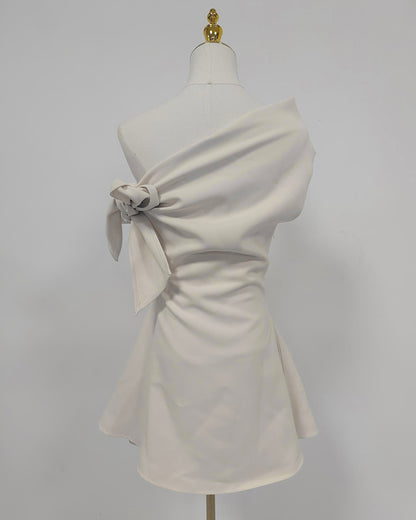 Beige Off-Shoulder Bow Tie Waist Mini Dress