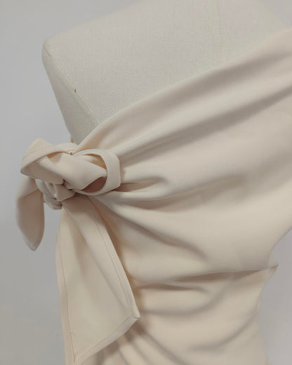 Beige Off-Shoulder Bow Tie Waist Mini Dress