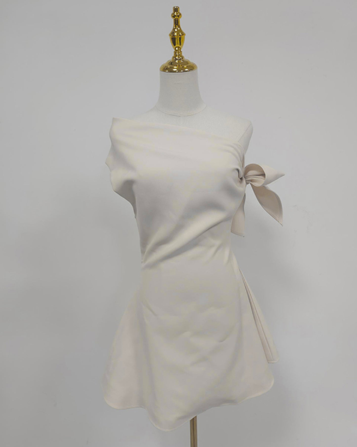 Beige Off-Shoulder Bow Tie Waist Mini Dress