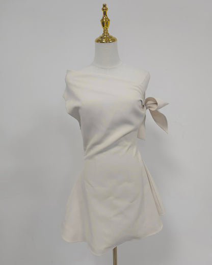 Beige Off-Shoulder Bow Tie Waist Mini Dress