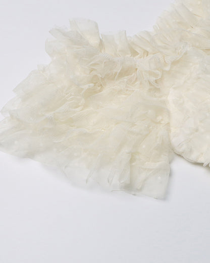 Beige Off-Shoulder Ruffled Tulle Maxi Dress