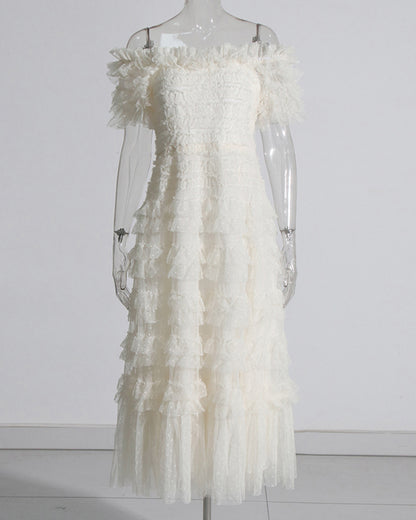 Beige Off-Shoulder Ruffled Tulle Maxi Dress