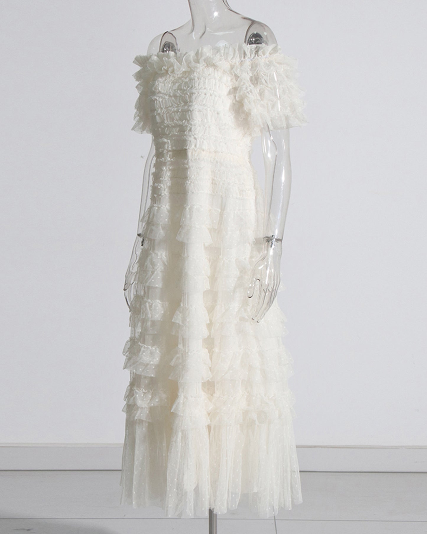 Beige Off-Shoulder Ruffled Tulle Maxi Dress