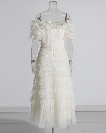 Beige Off-Shoulder Ruffled Tulle Maxi Dress