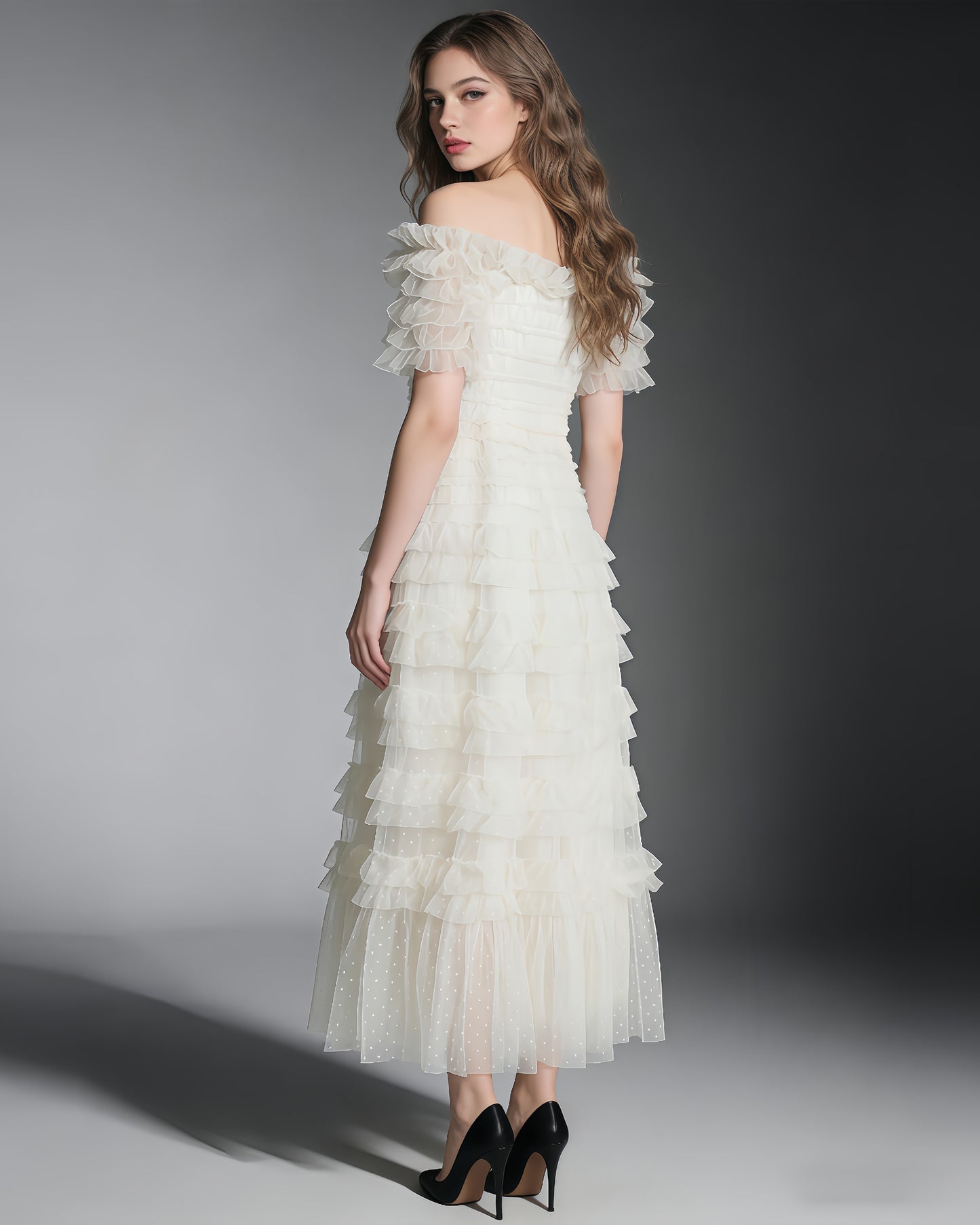 Beige Off-Shoulder Ruffled Tulle Maxi Dress