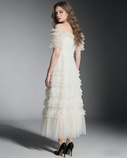 Beige Off-Shoulder Ruffled Tulle Maxi Dress