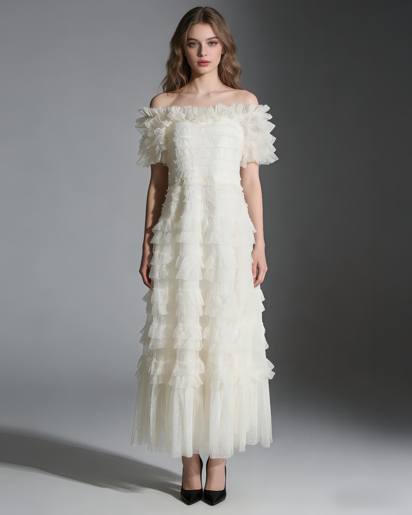 Beige Off-Shoulder Ruffled Tulle Maxi Dress