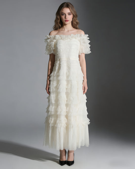 Beige Off-Shoulder Ruffled Tulle Maxi Dress