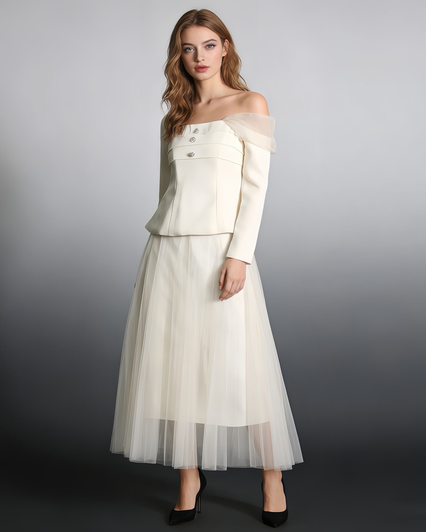 Beige Off-Shoulder Top & Tulle Skirt Set