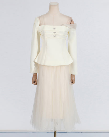 Beige Off-Shoulder Top & Tulle Skirt Set