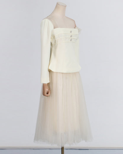 Beige Off-Shoulder Top & Tulle Skirt Set