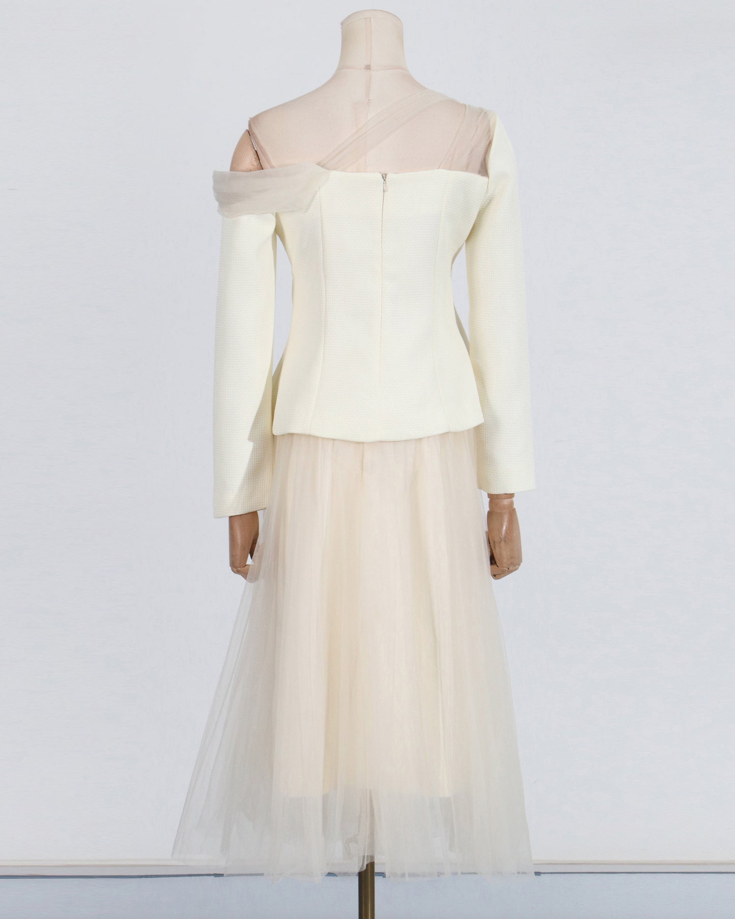 Beige Off-Shoulder Top & Tulle Skirt Set