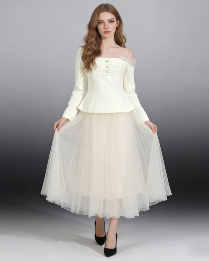 Beige Off-Shoulder Top & Tulle Skirt Set