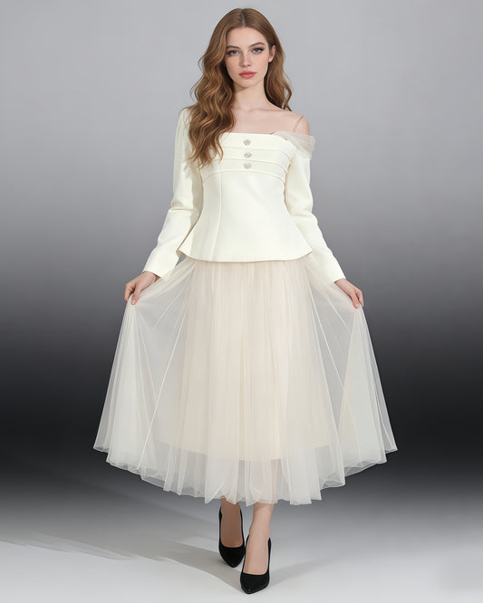 Beige Off-Shoulder Top & Tulle Skirt Set