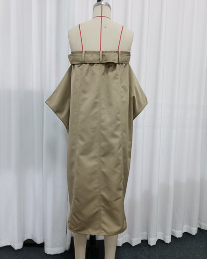 Khaki Off-Shoulder Trench-Style Dress with Belt Detail