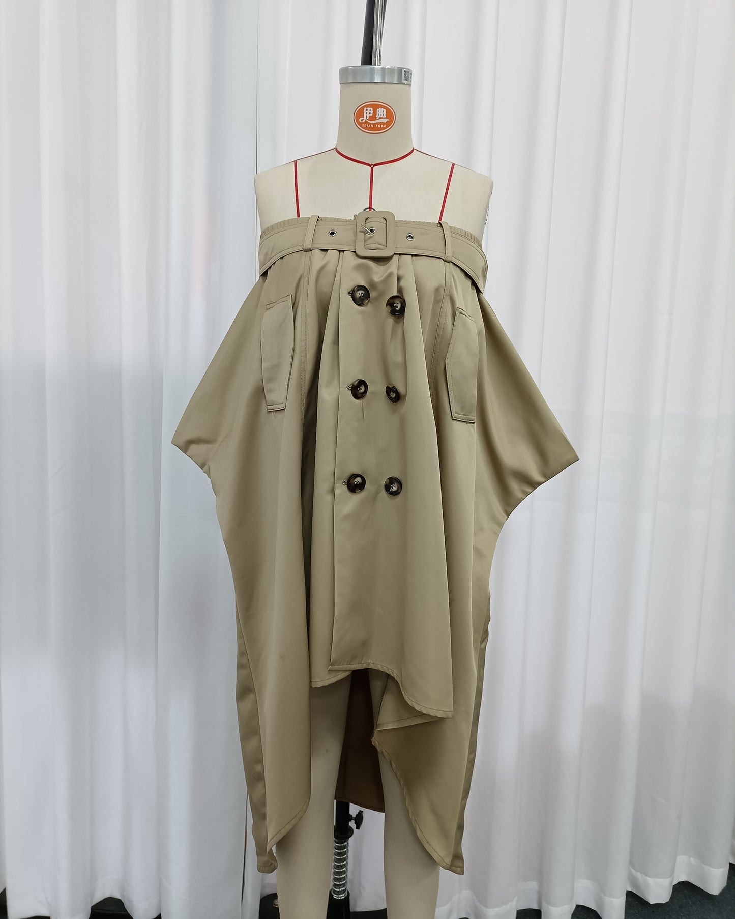 Khaki Off-Shoulder Trench-Style Dress with Belt Detail