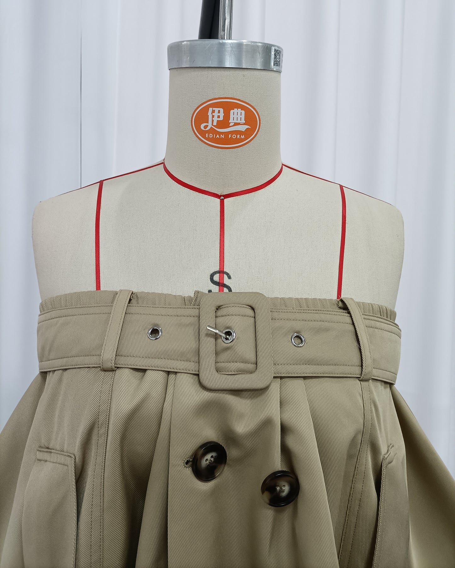 Khaki Off-Shoulder Trench-Style Dress with Belt Detail