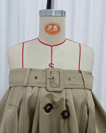 Khaki Off-Shoulder Trench-Style Dress with Belt Detail